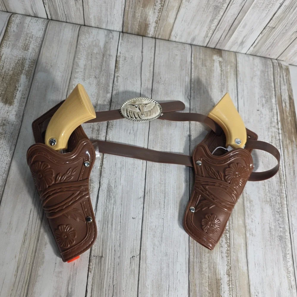 Western Cowboy Toy Pistol Set Dual Holsters Belt Brown Silver Longhorn Buckle